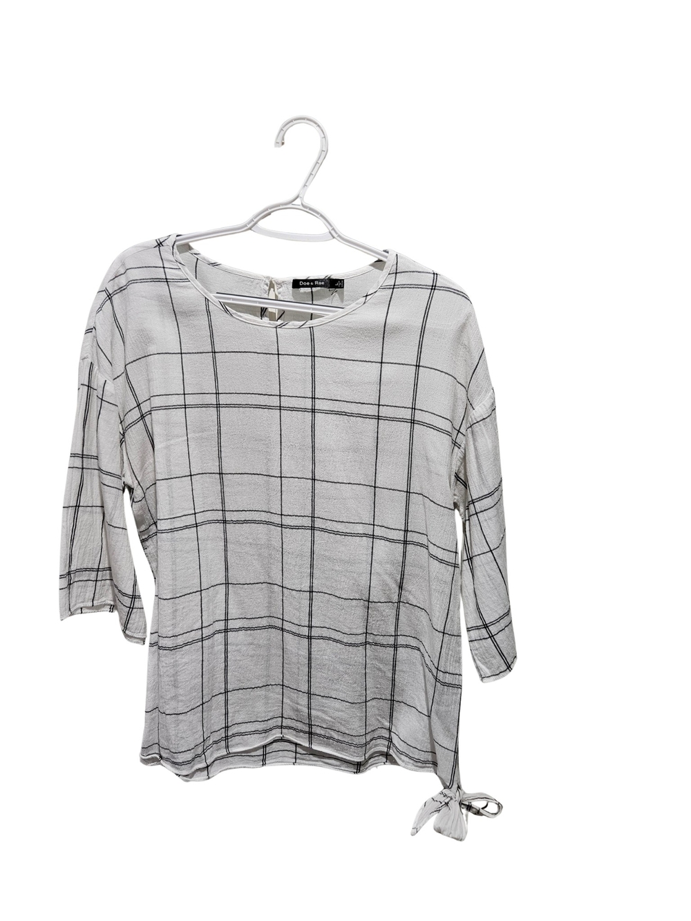 Doe & Rae White and Black Windowpane Tie-Side Tunic Top